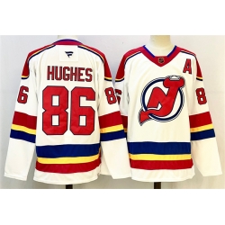 Men New Jersey Devils 86 Jack Hughes White Red 2024 25 With A Patch Stitched Hockey Jersey
