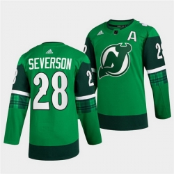 Men New jerseyy Devils 28 Damon Severson Green Warm Up St Patricks Day Stitched jersey