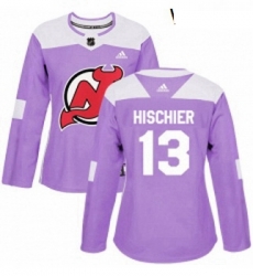 Womens Adidas New Jersey Devils 13 Nico Hischier Authentic Purple Fights Cancer Practice NHL Jersey Womens Adidas New Jersey Devils 13 Nico Hischier Authentic Purple Fights Cancer Practice NHL Jersey