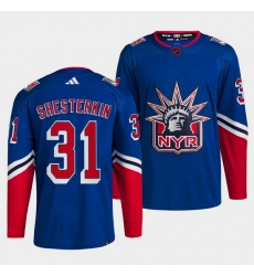 Men New York Rangers 31 Igor Shesterkin Blue 2022 Reverse Retro Stitched Jersey Men New York Rangers 31 Igor Shesterkin Blue 2022 Reverse Retro Stitched Jersey
