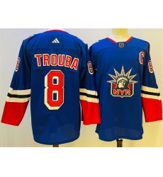 Men New York Rangers 8 Jacob Trouba Blue 2022 23 Reverse Retro Stitched Jersey Men New York Rangers 8 Jacob Trouba Blue 2022 23 Reverse Retro Stitched Jersey