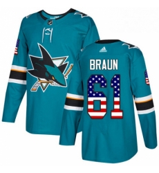 Mens Adidas San Jose Sharks 61 Justin Braun Authentic Teal Green USA Flag Fashion NHL Jersey Mens Adidas San Jose Sharks 61 Justin Braun Authentic Teal Green USA Flag Fashion NHL Jersey