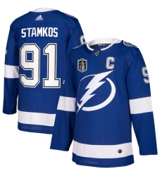 Men Tampa Bay Lightning 91 Steven Stamkos 2022 Blue Stanley Cup Final Patch Stitched Jersey Men Tampa Bay Lightning 91 Steven Stamkos 2022 Blue Stanley Cup Final Patch Stitched Jersey