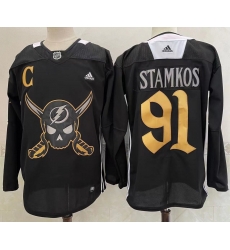 Men's Tampa Bay Lightning #91 Steven Stamkos Black Pirate Themed Warmup Authentic Jersey Men's Tampa Bay Lightning #91 Steven Stamkos Black Pirate Themed Warmup Authentic Jersey