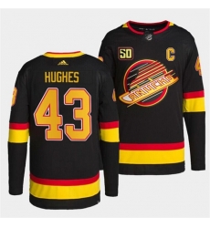 Men Vancouver Canucks 43 Quinn Hughes Black Retro With 50th Anniversary Patch Stitched Jersey Men Vancouver Canucks 43 Quinn Hughes Black Retro With 50th Anniversary Patch Stitched Jersey