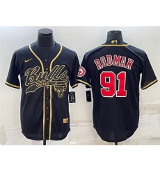 Men Chicago Bulls 91 Dennis Rodman Black Gold With Patch Cool Base Stitched Baseball Jersey Men Chicago Bulls 91 Dennis Rodman Black Gold With Patch Cool Base Stitched Baseball Jersey