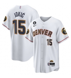 Men Denver Nuggets 15 Nikola Jokic White With No 6 Patch Cool Base Stitched Baseball Jersey Men Denver Nuggets 15 Nikola Jokic White With No 6 Patch Cool Base Stitched Baseball Jersey