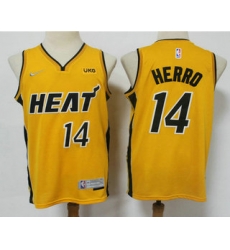 Men Miami Heat 14 Tyler Herro Yellow Nike Swingman 2021 Earned Edition Stitched Jersey With NEW Sponsor Logo Men Miami Heat 14 Tyler Herro Yellow Nike Swingman 2021 Earned Edition Stitched Jersey With NEW Sponsor Logo