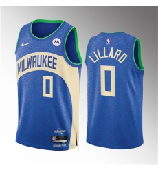 Men Milwaukee Bucks 0 Damian Lillard 2023 24 Blue City Edition Stitched Basketball Jersey Men Milwaukee Bucks 0 Damian Lillard 2023 24 Blue City Edition Stitched Basketball Jersey