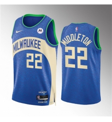 Men Milwaukee Bucks 22 Khris Middleton 2023 24 Blue City Edition Stitched Basketball Jersey Men Milwaukee Bucks 22 Khris Middleton 2023 24 Blue City Edition Stitched Basketball Jersey