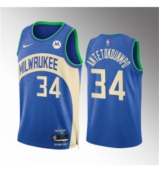 Men Milwaukee Bucks 34 Giannis Antetokounmpo 2023 24 Blue City Edition Stitched Basketball Jersey Men Milwaukee Bucks 34 Giannis Antetokounmpo 2023 24 Blue City Edition Stitched Basketball Jersey