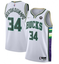 Men's Milwaukee Bucks #34 Giannis Antetokounmpo White 2021 22 75th Anniversary Swingman City Edition Stitched Jersey Men's Milwaukee Bucks #34 Giannis Antetokounmpo White 2021 22 75th Anniversary Swingman City Edition Stitched Jersey