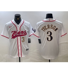 Men Philadelphia 76ers 3 Allen Iverson White Cool Base Stitched Baseball Jersey 3 Men Philadelphia 76ers 3 Allen Iverson White Cool Base Stitched Baseball Jersey 3
