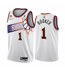 Men Phoenix Suns 1 Devin Booker 2022 23 White 75th Anniversary NO 6 Patch Association Edition Stitched Jersey Men Phoenix Suns 1 Devin Booker 2022 23 White 75th Anniversary NO 6 Patch Association Edition Stitched Jersey
