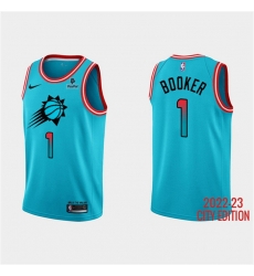 Men Phoenix Suns 1 Devin Booker Blue 2022 23 City Edition With Black Payple Logo Stitched Basketball Jersey Men Phoenix Suns 1 Devin Booker Blue 2022 23 City Edition With Black Payple Logo Stitched Basketball Jersey