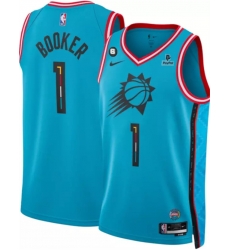 Men Phoenix Suns 1 Devin Booker Blue 2022 23 City Edition With NO 6 And Payple Patch Stitched Basketball Jersey Men Phoenix Suns 1 Devin Booker Blue 2022 23 City Edition With NO 6 And Payple Patch Stitched Basketball Jersey
