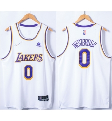 Men's Los Angeles Lakers #0 Russell Westbrook 75th Anniversary Bibigo White Stitched Basketball Jersey Men's Los Angeles Lakers #0 Russell Westbrook 75th Anniversary Bibigo White Stitched Basketball Jersey