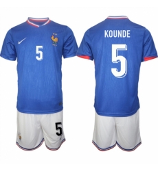 Men France 5 Jules Kound Blue 2024 25 Home Soccer Jersey Suit
