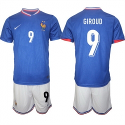 Men France 9 Olivier Giroud Blue 2024 25 Home Soccer Jersey Suit