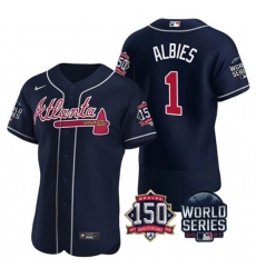 Men Atlanta Braves 1 Ozzie Albies 2021 Navy World Series With 150th Anniversary Patch Stitched Baseball Jersey Men Atlanta Braves 1 Ozzie Albies 2021 Navy World Series With 150th Anniversary Patch Stitched Baseball Jersey