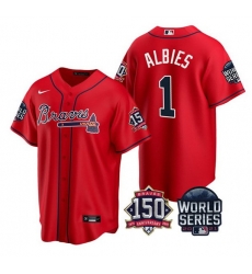Men Atlanta Braves 1 Ozzie Albies 2021 Red World Series With 150th Anniversary Patch Cool Base Stitched Jersey Men Atlanta Braves 1 Ozzie Albies 2021 Red World Series With 150th Anniversary Patch Cool Base Stitched Jersey