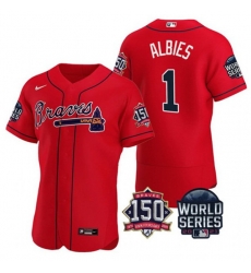Men Atlanta Braves 1 Ozzie Albies 2021 Red World Series With 150th Anniversary Patch Stitched Baseball Jersey Men Atlanta Braves 1 Ozzie Albies 2021 Red World Series With 150th Anniversary Patch Stitched Baseball Jersey