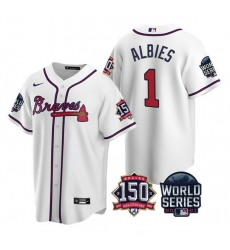 Men Atlanta Braves 1 Ozzie Albies 2021 White World Series With 150th Anniversary Patch Cool Base Stitched Jersey Men Atlanta Braves 1 Ozzie Albies 2021 White World Series With 150th Anniversary Patch Cool Base Stitched Jersey