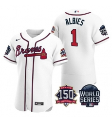 Men Atlanta Braves 1 Ozzie Albies 2021 White World Series With 150th Anniversary Patch Stitched Baseball Jersey Men Atlanta Braves 1 Ozzie Albies 2021 White World Series With 150th Anniversary Patch Stitched Baseball Jersey