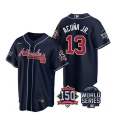 Men Atlanta Braves 13 Ronald Acuna Jr 2021 Navy World Series With 150th Anniversary Patch Cool Base Stitched Jersey Men Atlanta Braves 13 Ronald Acuna Jr 2021 Navy World Series With 150th Anniversary Patch Cool Base Stitched Jersey