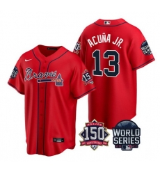 Men Atlanta Braves 13 Ronald Acuna Jr 2021 Red World Series With 150th Anniversary Patch Cool Base Stitched Jersey Men Atlanta Braves 13 Ronald Acuna Jr 2021 Red World Series With 150th Anniversary Patch Cool Base Stitched Jersey