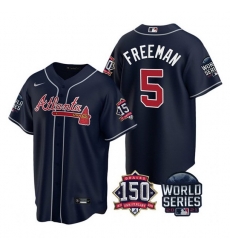 Men Atlanta Braves 5 Freddie Freeman 2021 Navy World Series With 150th Anniversary Patch Cool Base Stitched Jersey Men Atlanta Braves 5 Freddie Freeman 2021 Navy World Series With 150th Anniversary Patch Cool Base Stitched Jersey