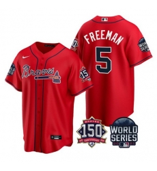 Men Atlanta Braves 5 Freddie Freeman 2021 Red World Series With 150th Anniversary Patch Cool Base Stitched Jersey Men Atlanta Braves 5 Freddie Freeman 2021 Red World Series With 150th Anniversary Patch Cool Base Stitched Jersey