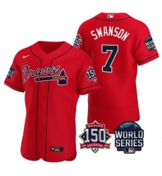 Men Atlanta Braves 7 Dansby Swanson 2021 Red World Series With 150th Anniversary Patch Stitched Baseball Jersey Men Atlanta Braves 7 Dansby Swanson 2021 Red World Series With 150th Anniversary Patch Stitched Baseball Jersey