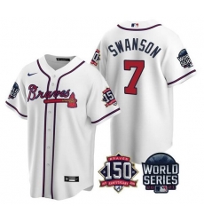 Men Atlanta Braves 7 Dansby Swanson 2021 White World Series With 150th Anniversary Patch Cool Base Stitched Jersey Men Atlanta Braves 7 Dansby Swanson 2021 White World Series With 150th Anniversary Patch Cool Base Stitched Jersey