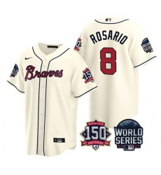 Men Atlanta Braves 8 Eddie Rosario 2021 Cream World Series With 150th Anniversary Patch Cool Base Stitched Jersey Men Atlanta Braves 8 Eddie Rosario 2021 Cream World Series With 150th Anniversary Patch Cool Base Stitched Jersey