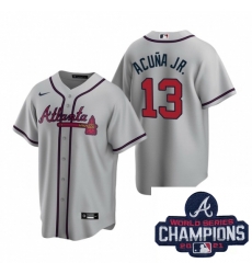 Men Nike Atlanta Braves 13 Ronald Acuna Jr Gray Road Stitched Baseball Stitched MLB 2021 Champions Patch Jersey Men Nike Atlanta Braves 13 Ronald Acuna Jr Gray Road Stitched Baseball Stitched MLB 2021 Champions Patch Jersey