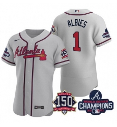 Men's Grey Atlanta Braves #1 Ozzie Albies 2021 World Series Champions With 150th Anniversary Flex Base Stitched Jersey Men's Grey Atlanta Braves #1 Ozzie Albies 2021 World Series Champions With 150th Anniversary Flex Base Stitched Jersey