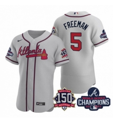 Men's Grey Atlanta Braves #5 Freddie Freeman 2021 World Series Champions With 150th Anniversary Flex Base Stitched Jersey Men's Grey Atlanta Braves #5 Freddie Freeman 2021 World Series Champions With 150th Anniversary Flex Base Stitched Jersey