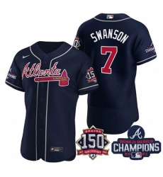 Men's Navy Atlanta Braves #7 Dansby Swanson 2021 World Series Champions With 150th Anniversary Flex Base Stitched Jersey Men's Navy Atlanta Braves #7 Dansby Swanson 2021 World Series Champions With 150th Anniversary Flex Base Stitched Jersey