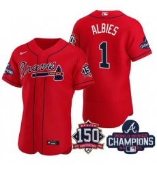 Men's Red Atlanta Braves #1 Ozzie Albies 2021 World Series Champions With 150th Anniversary Flex Base Stitched Jersey Men's Red Atlanta Braves #1 Ozzie Albies 2021 World Series Champions With 150th Anniversary Flex Base Stitched Jersey