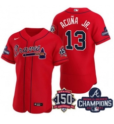 Men's Red Atlanta Braves #13 Ronald Acuna Jr. 2021 World Series Champions With 150th Anniversary Flex Base Stitched Jersey Men's Red Atlanta Braves #13 Ronald Acuna Jr. 2021 World Series Champions With 150th Anniversary Flex Base Stitched Jersey