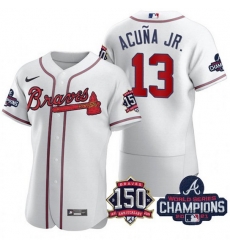 Men's White Atlanta Braves #13 Ronald Acuna Jr. 2021 World Series Champions With 150th Anniversary Flex Base Stitched Jersey Men's White Atlanta Braves #13 Ronald Acuna Jr. 2021 World Series Champions With 150th Anniversary Flex Base Stitched Jersey