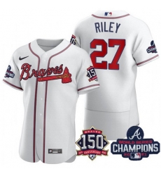 Men's White Atlanta Braves #27 Austin Riley Swanson 2021 World Series Champions With 150th Anniversary Flex Base Stitched Jersey Men's White Atlanta Braves #27 Austin Riley Swanson 2021 World Series Champions With 150th Anniversary Flex Base Stitched Jersey