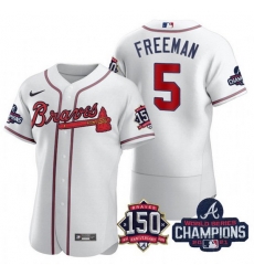 Men's White Atlanta Braves #5 Freddie Freeman 2021 World Series Champions With 150th Anniversary Flex Base Stitched Jersey Men's White Atlanta Braves #5 Freddie Freeman 2021 World Series Champions With 150th Anniversary Flex Base Stitched Jersey