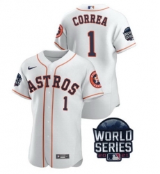 Men Houston Astros 1 Carlos Correa 2021 White World Series Flex Base Stitched Baseball Jersey Men Houston Astros 1 Carlos Correa 2021 White World Series Flex Base Stitched Baseball Jersey