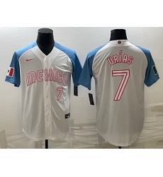 Men Mexico Baseball 7 Julio Urias 2023 White Blue World Baseball Classic Stitched JerseyS Men Mexico Baseball 7 Julio Urias 2023 White Blue World Baseball Classic Stitched JerseyS