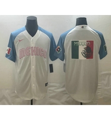 Men's Mexico Baseball 2023 White Blue World Big Logo Classic Stitched Jersey Men's Mexico Baseball 2023 White Blue World Big Logo Classic Stitched Jersey