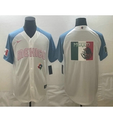 Men's Mexico Baseball 2023 White Blue World Big Logo Classic Stitched Jerseys Men's Mexico Baseball 2023 White Blue World Big Logo Classic Stitched Jerseys