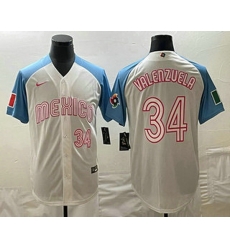 Men's Mexico Baseball #34 Fernando Valenzuela Number 2023 White Blue World Classic Stitched Jersey1 Men's Mexico Baseball #34 Fernando Valenzuela Number 2023 White Blue World Classic Stitched Jersey1