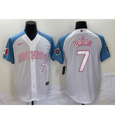 Men's Mexico Baseball #7 Julio Urias Number 2023 White Blue World Classic Stitched Jersey Men's Mexico Baseball #7 Julio Urias Number 2023 White Blue World Classic Stitched Jersey